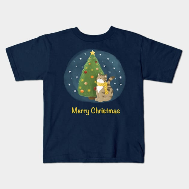 Merry Christmas cat with Christmas tree Kids T-Shirt by AbbyCatAtelier